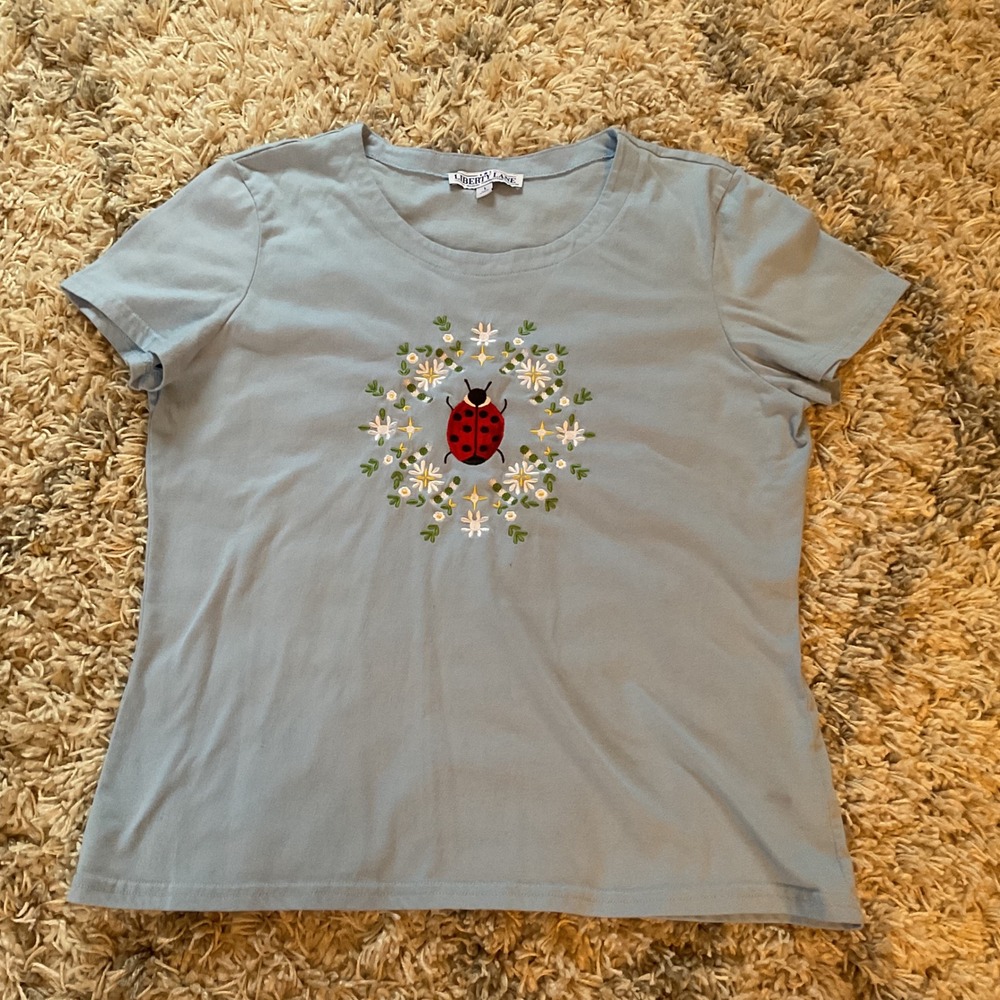 Liberty Lane Womens Blue Embroidered Ladybug Daisy Floral T-Shirt Large